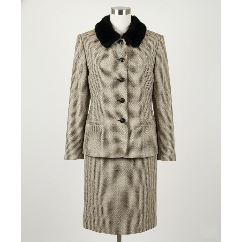 Joan Leslie Vintage Houndstooth Skirt Suit Faux Fur Collar Tan Black Womens 10